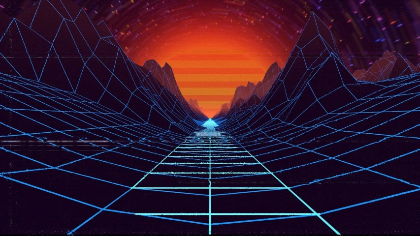 a neon tunnel with mountains in the background, inspired by Mike Winkelmann, vhs static, icy road on a planet of lava, cynthwave, neon wires