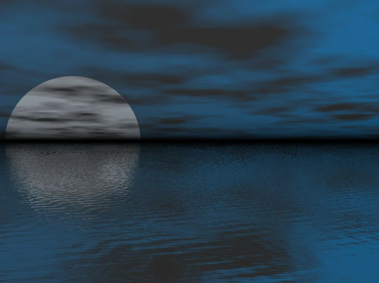 a full moon rising over a body of water, a digital rendering, inspired by Jan Rustem, flickr, blue realistic 3 d render, background ( dark _ smokiness ), overcast dusk, reflection on the water