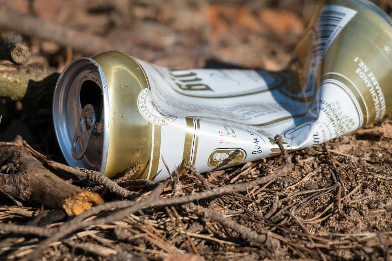 a close up of a can of beer on the ground, shutterstock, debris, silver white and gold, rich environment, sunlit