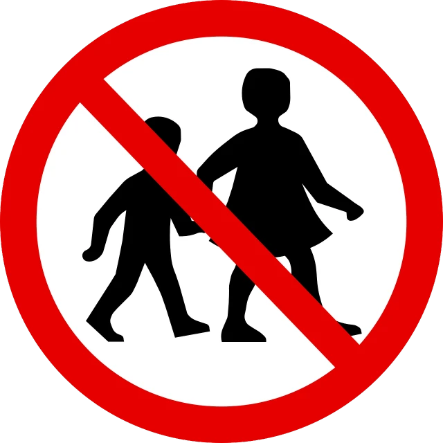 a red and white sign that says no children allowed, a picture, by Mirko Rački, pixabay, antipodeans, walking to work, ( ( dark skin ) ), twins, orthodox
