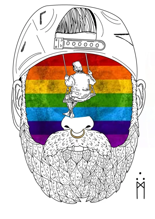 a drawing of a man with a beard wearing a helmet, inspired by Okuda Gensō, transgressive art, rainbow line - art, view from the bottom, guillotine rgb, lesbian art