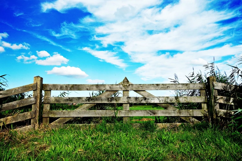 a wooden gate sitting on top of a lush green field, a picture, by Richard Carline, flickr, low angle!!!!, ((oversaturated)), post processed 4k, farmland