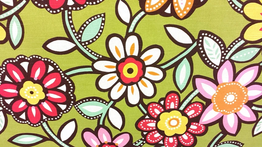 a pattern of colorful flowers on a green background, 'groovy', medium detail, fabrics, broad detail
