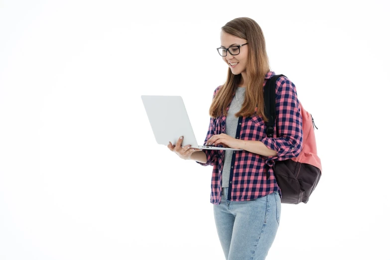 a beautiful young woman holding a laptop computer, a picture, shutterstock, academic art, with a backpack, the background is white, looking from side, slight nerdy smile