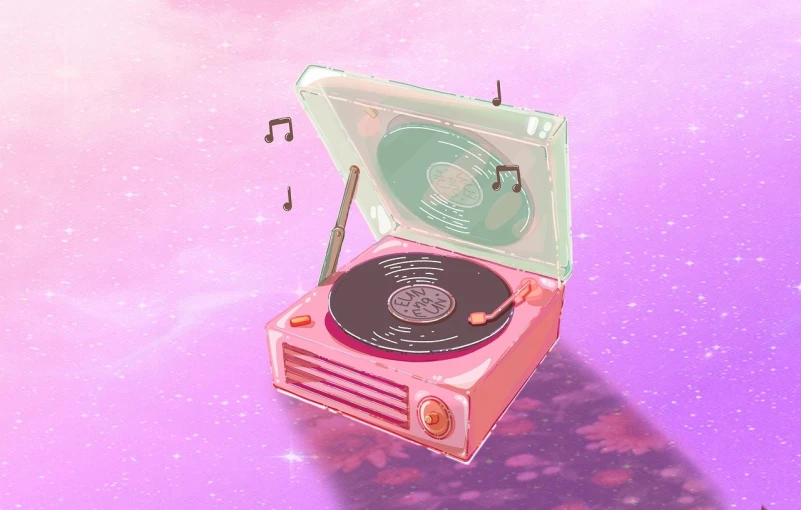 a pink record player sitting on top of a table, inspired by Yanjun Cheng, tumblr contest winner, computer art, in a galaxy, wikihow illustration, highres, music notes