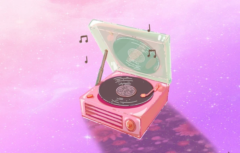 a pink record player sitting on top of a table, inspired by Yanjun Cheng, tumblr contest winner, computer art, in a galaxy, wikihow illustration, highres, music notes