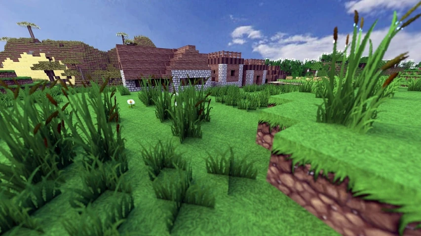 a field of grass with a house in the background, by Josetsu, deviantart, minecraft screenshot, highly detailed hdr, ruins, screenshots