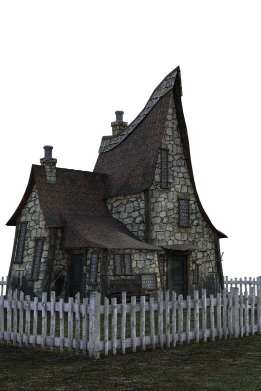 a house with a fence in front of it, by senior environment artist, polycount contest winner, scary gothic architecture, 3d model rigged, witch hut, side-view. highly detailed