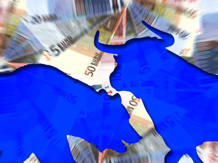a blue bull standing on top of a pile of money, a digital rendering, by Antonio Saura, panfuturism, map of europe, closeup!!, italy, leaking