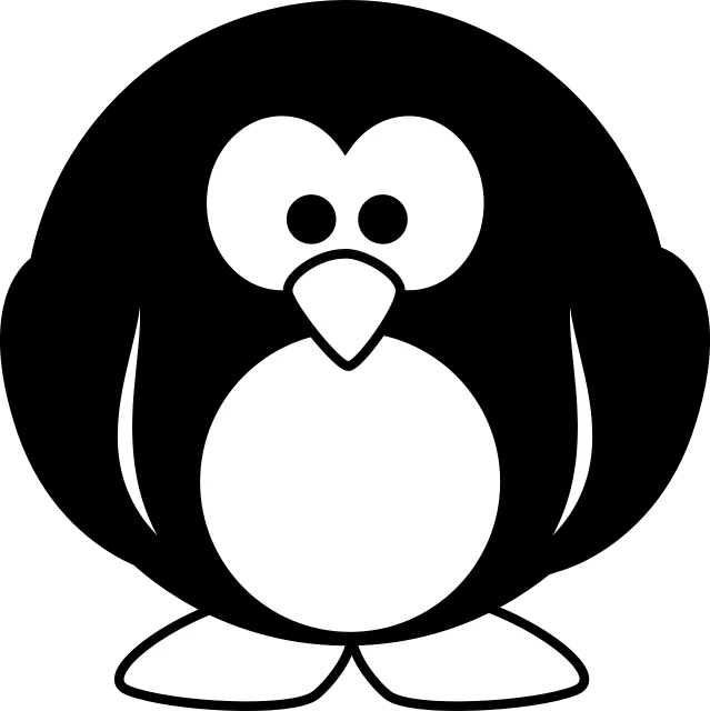 a black and white penguin on a black background, vector art, pixabay, computer art, cartoonish and simplistic, 2 0 0 0's photo, manga”, gooey