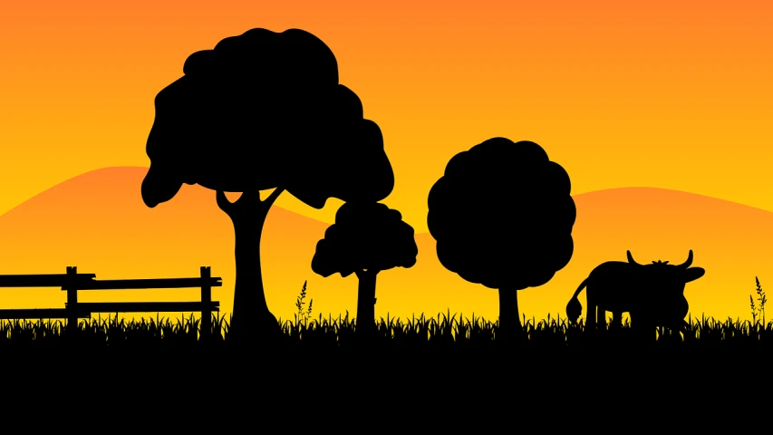 a couple of cows that are standing in the grass, vector art, by Quinton Hoover, shutterstock, tree-lined path at sunset, silhouette of a man, laying under a tree on a farm, 4k high res