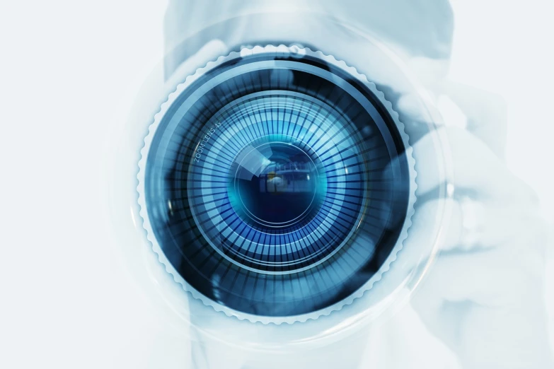 a close up of a person holding a camera, digital art, by Julian Allen, shutterstock, pale blue glowing cybernetic eye, security camera photo, stock photo