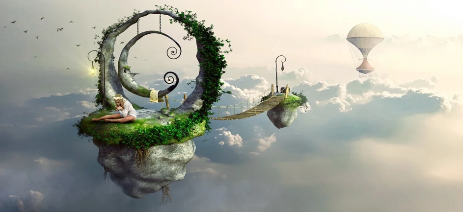 a woman sitting on top of a floating island, pixabay contest winner, fantasy art, sky bridges, cafe in the clouds, spiral heavens, hanging gardens
