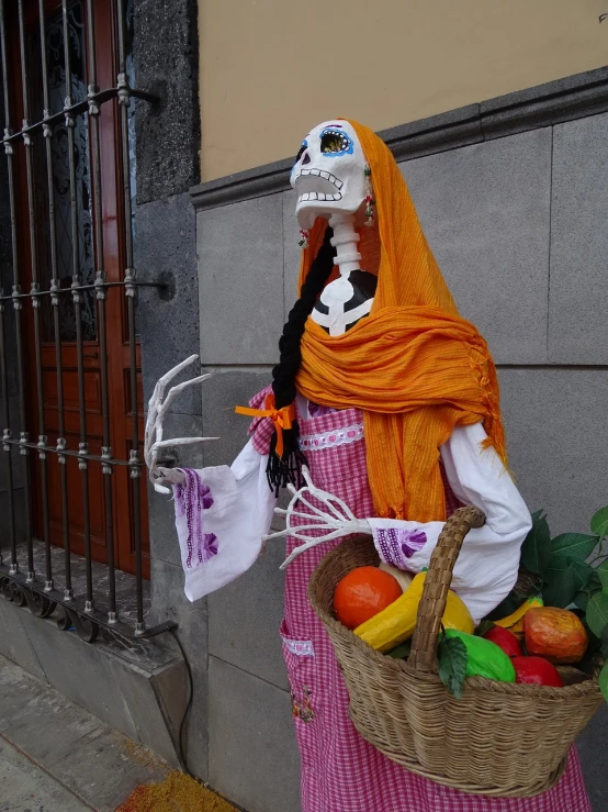 a woman dressed as a skeleton holding a basket of fruit, a statue, by Luis Molinari, flickr, string puppet, volcanic skeleton, orange grey white, downtown mexico