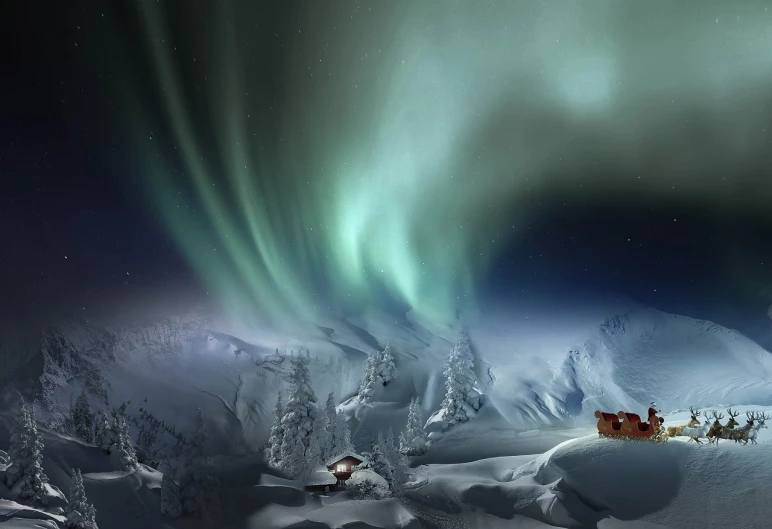 a group of people standing on top of a snow covered slope, a matte painting, by Anton Lehmden, digital art, northern lights, image credit nat geo, lapland, beautiful composition 3 - d 4 k
