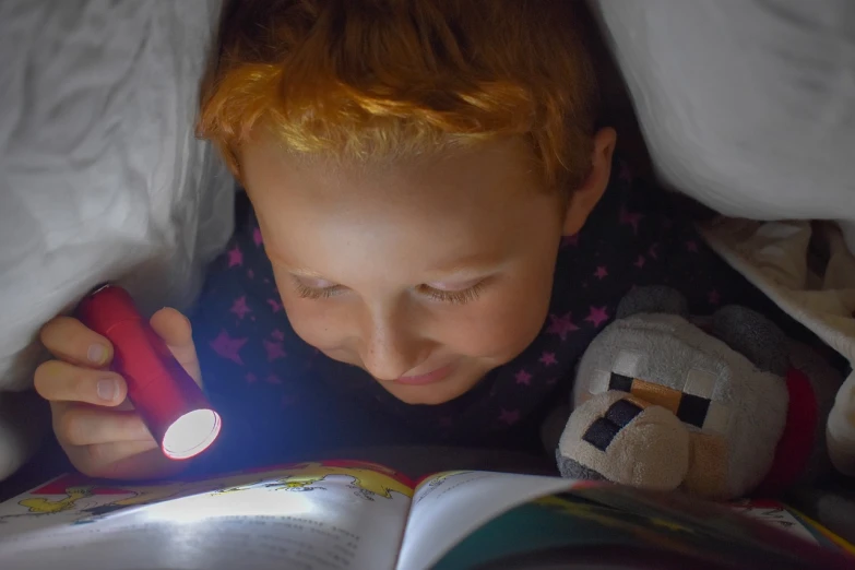 a little boy laying in bed reading a book, a portrait, by Alexander Fedosav, pexels, realism, flashlight on, glowing crimson head, toy commercial photo, girl under lantern