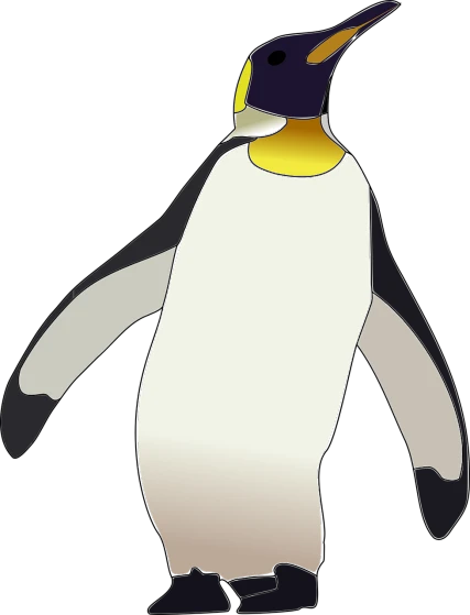 a penguin standing in front of a black background, an illustration of, by Andrei Kolkoutine, pixabay, sōsaku hanga, close-up shot taken from behind, gold, full colored, side view of a gaunt
