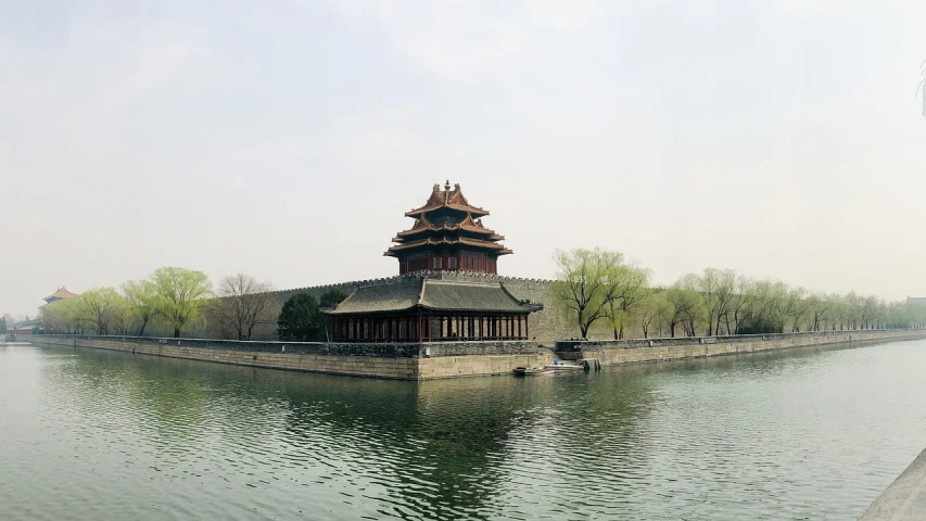 a building in the middle of a body of water, a picture, by Weiwei, moat, tower, panorama shot, in forbidden city