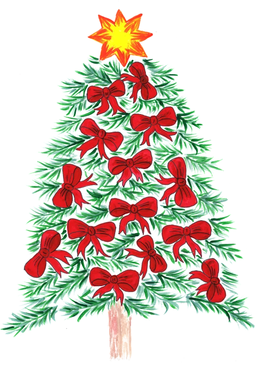 a christmas tree with bows and a star on top, by Daphne Allen, cg society contest winner, folk art, with a black background, black ink & copic markers, phone wallpaper, giant sequoia