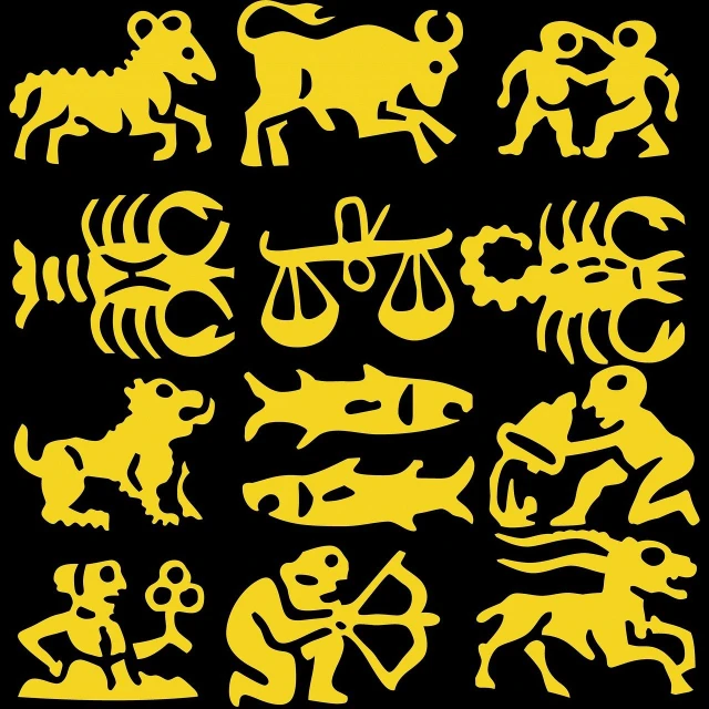 a collection of yellow zodiac signs on a black background, a cave painting, by Josetsu, folk art, paris, hunter, cane, phone photo