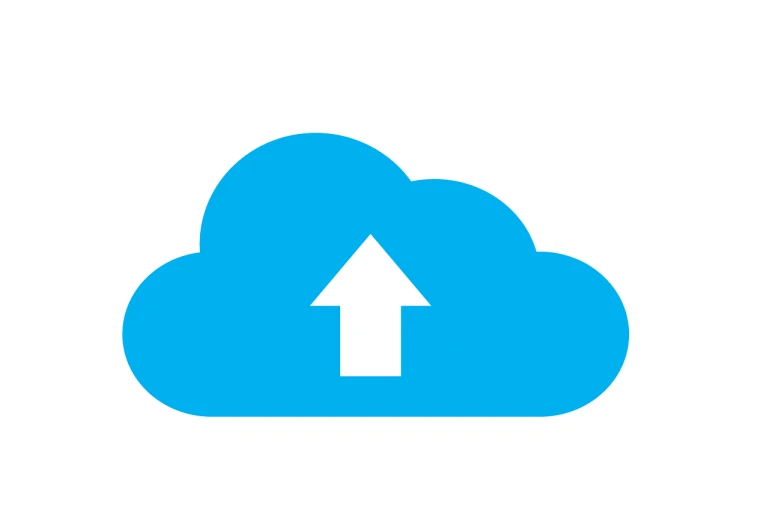 a blue cloud with an arrow pointing upward, single flat colour, cloese-up, technology, black on white background