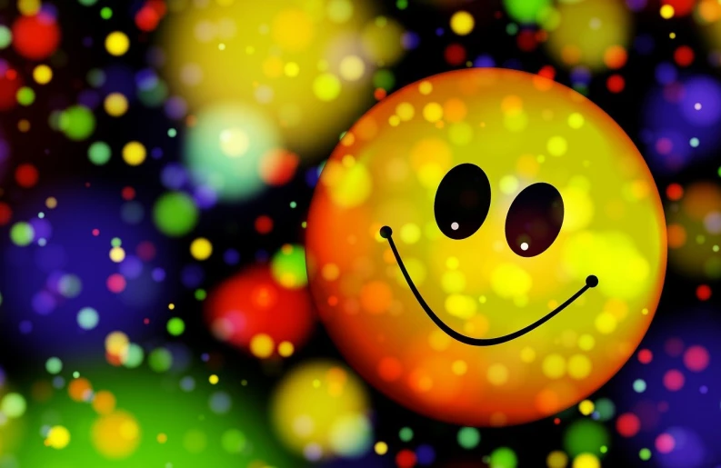 a yellow ball with a smiley face on it, a picture, toyism, bokeh color background, neon particles, background artwork, shy smile