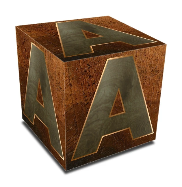 a wooden block with the letter a on it, a digital rendering, cubo-futurism, bronze material, in style of mike savad”, professionally assembled, america