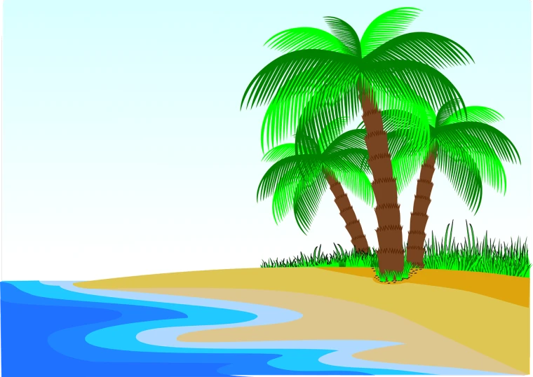 a couple of palm trees sitting on top of a sandy beach, an illustration of, . background: jungle river, clip art, vacation photo, simple and clean illustration