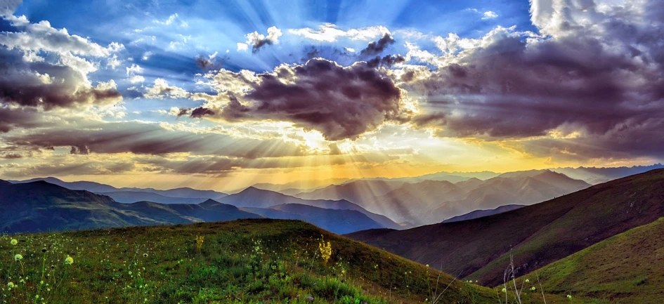 the sun shines through the clouds over the mountains, pexels, precisionism, god rays!!!, instagram photo, sunset in a valley, summer sunlight