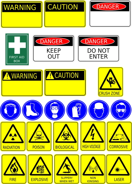 a bunch of warning signs on a black background, vector art, plasticien, illustrator vector graphics, factory floor, display, around the city