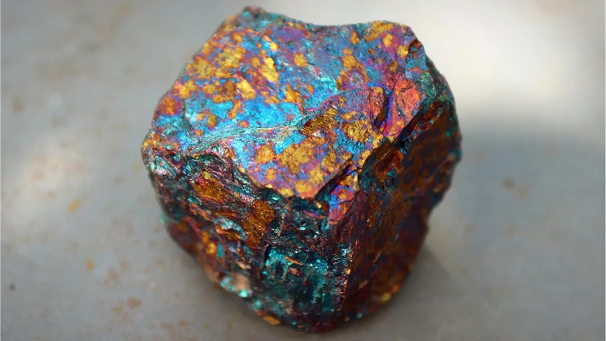 a metallic rock sitting on top of a table, a macro photograph, by Aleksander Gierymski, flickr, cloisonnism, rich iridescent colors, deep colours. ”, cube, grain”