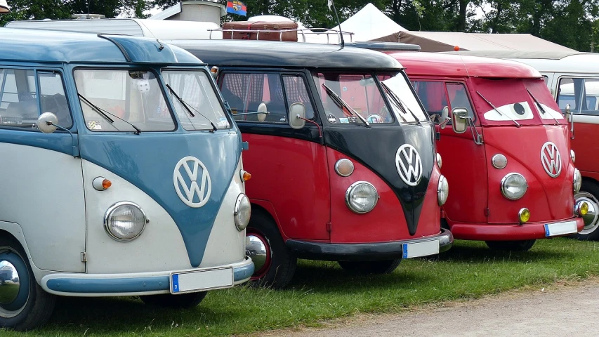 a row of vw buses parked next to each other, pixabay, ebay photo, festivals, blue or red, good face