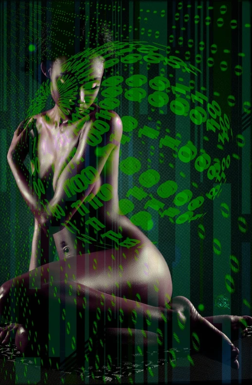 a woman that is sitting on the ground, digital art, inspired by Hans Erni, digital art, green matrix code, sensual, in front of the internet, cyber implants