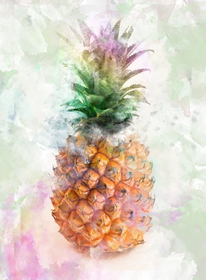 a close up of a pineapple on a table, a digital painting, shutterstock, process art, watercolor background, mixed media style illustration, colorful vapor, beautiful high resolution