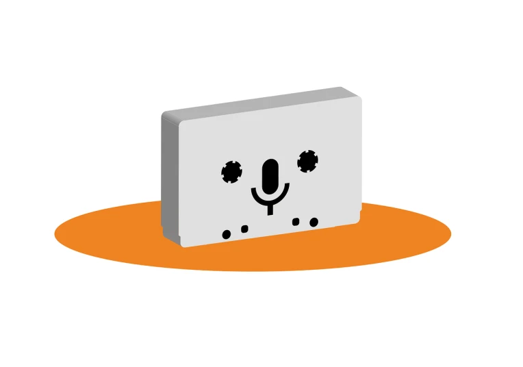 a white box with a smiley face on it, a computer rendering, inspired by Nara Yoshitomo, mingei, cassette tape, gray and orange colours, 2. 5 d illustration, animal face