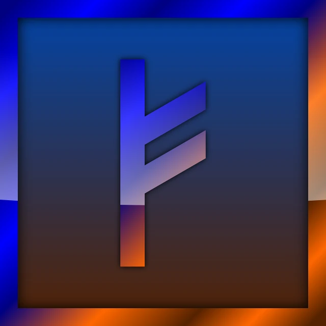 a blue and orange square with the letter f on it, inspired by Ferdynand Ruszczyc, futurism, gradient filter, viking runes, very very low quality picture, fume fx