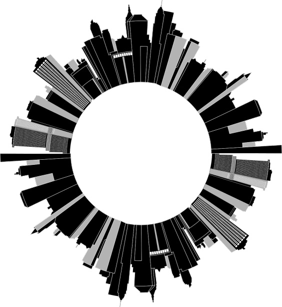 a circle of buildings on a black background, inspired by Andrei Kolkoutine, digital art, full sun, very accurate photo, black and white vector