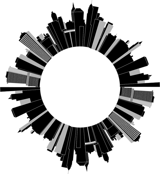 a circle of buildings on a black background, inspired by Andrei Kolkoutine, digital art, full sun, very accurate photo, black and white vector