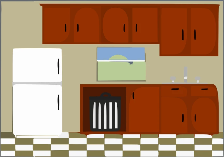 a white refrigerator freezer sitting inside of a kitchen, by Susan Heidi, modernism, !!! very coherent!!! vector art, brown and white color scheme, videogame asset, checkerboard background