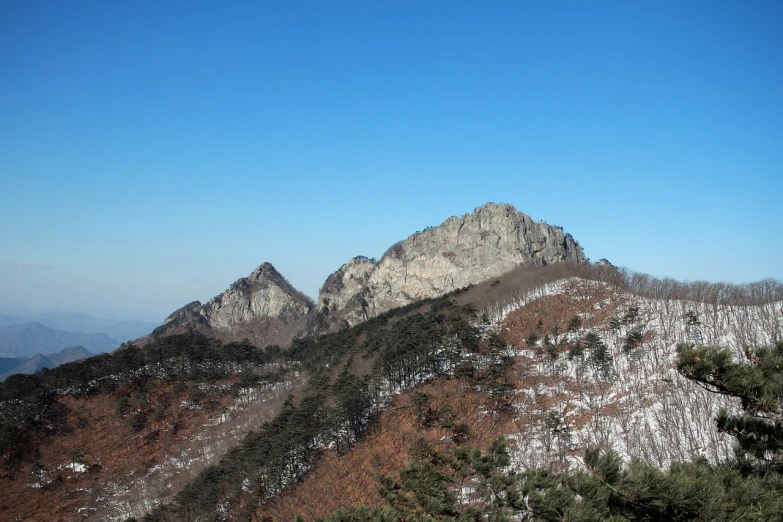 a group of people standing on top of a mountain, a picture, mingei, sunny winter day, hong soonsang, herrarthstone, seen from a distance