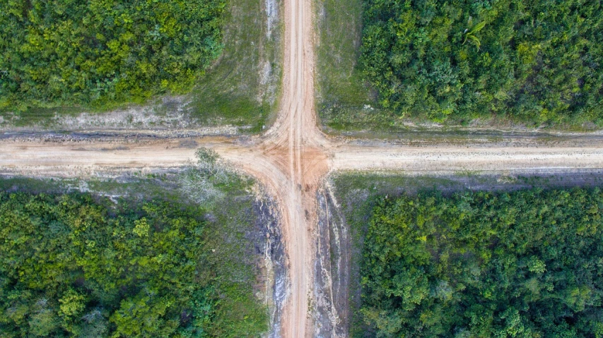 an aerial view of a dirt road surrounded by trees, a portrait, conceptual art, high quality product image”, shipibo, symmetrical outpost, intersection