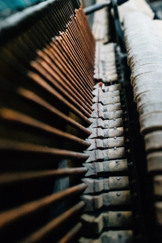 a close up of the keys of a piano, a macro photograph, by Matthias Weischer, unsplash, many rusty joints, rows of razor sharp teeth, view from bottom to top, trapped on a hedonic treadmill