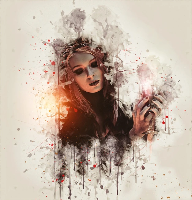 a close up of a person holding a cell phone, digital art, inspired by Bastien L. Deharme, gothic art, casting a magic spell, mixed media style illustration, beautiful young female shaman, high quality fantasy stock photo