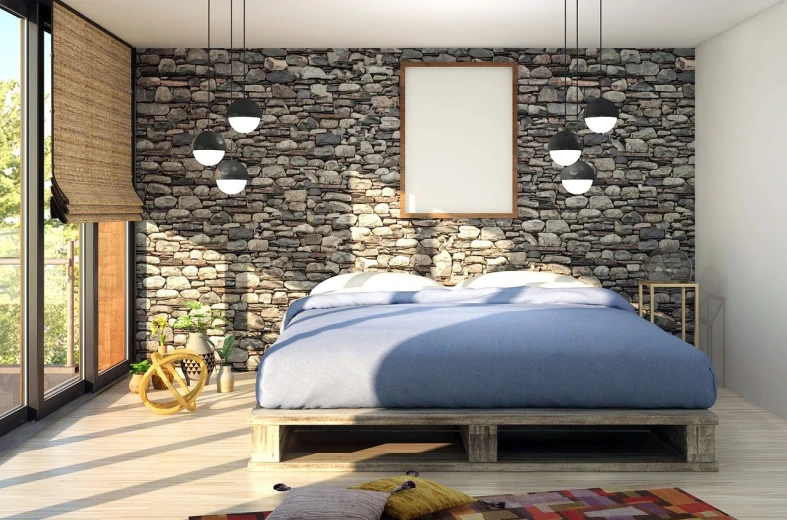 a bed sitting in a bedroom next to a window, inspired by Isamu Noguchi, shutterstock, maximalism, stone wall, well lit 3 d render, pallet, bells