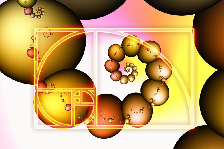 a computer generated image of a golden spiral, digital art, inspired by Benoit B. Mandelbrot, generative art, floating spheres and shapes, golden ratio illustration, colorful scene, amber jewels