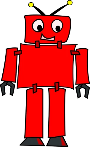a red robot standing in front of a black background, vector art, pixabay, digital art, humanoid with crooked teeth, blocky shape, !anthropomorphic!, ms paint drawing