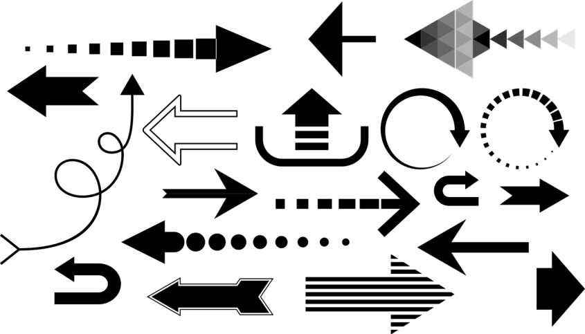 a black and white photo of two arrows pointing in opposite directions, a computer rendering, inspired by Antônio Parreiras, polycount, minimalism, solid black #000000 background, the cube, banner, with a black background