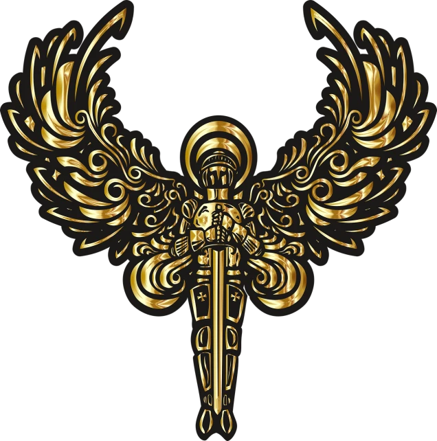 a golden angel with wings on a black background, vector art, behance contest winner, art nouveau, legendary sword of technology, patch design, chrome hearts, fantasy sticker illustration