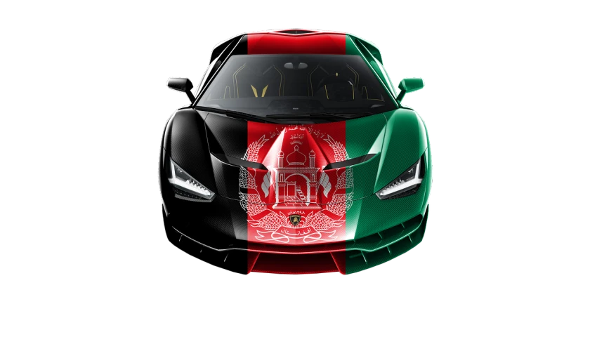 a green and red sports car on a black background, by Zahari Zograf, shutterstock, digital art, afghan warrior, italian flag, chiron, front face