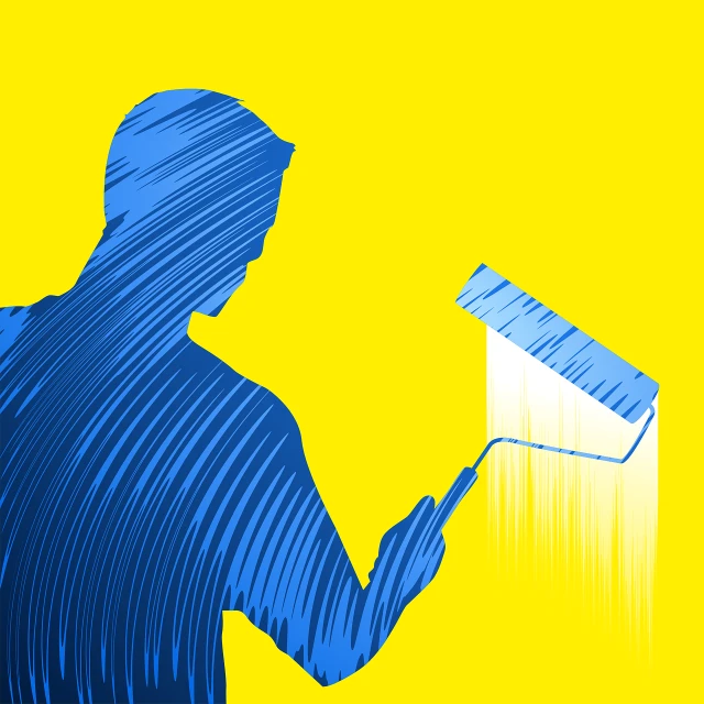 a man holding a paint roller and a brush, a minimalist painting, inspired by Hans Hartung, conceptual art, background yellow and blue, detailed illustration, air brush illustration, wall